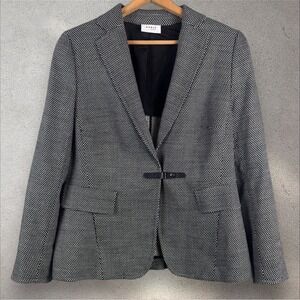 AKRIS PUNTO Black & White Wool Blend Dot Blazer Jacket Leather‎ Clasp Sz US 14